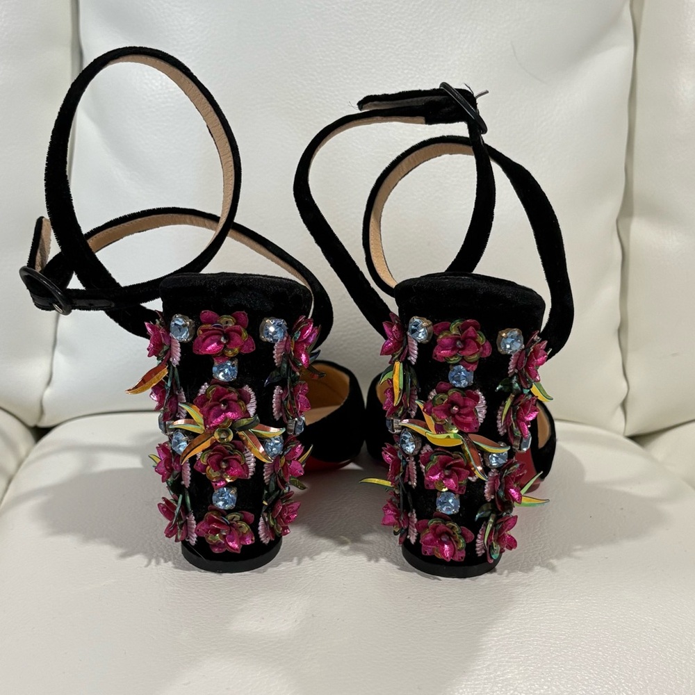 Christian Louboutin Black Velvet Heels with Floral Accents! - Picture 3 of 8
